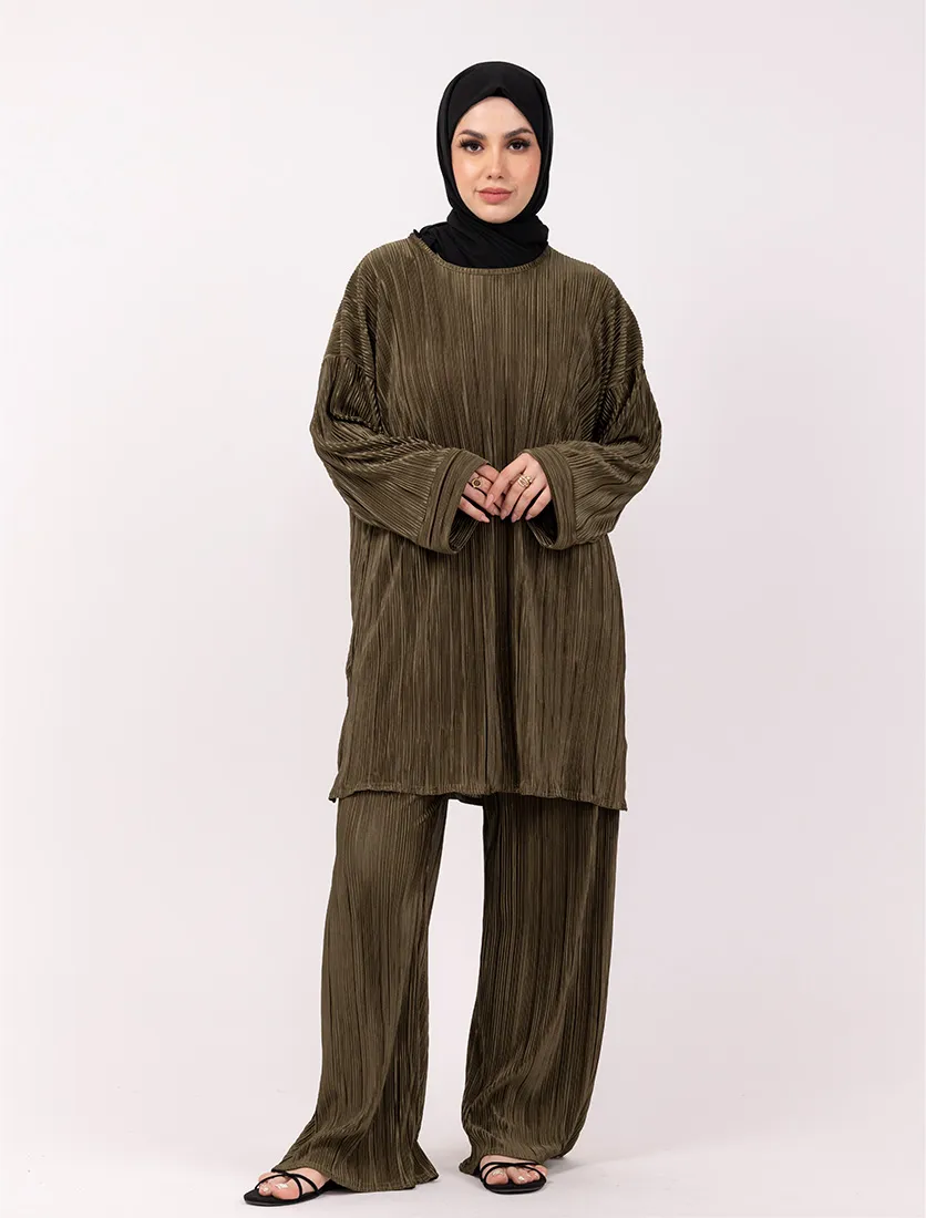 Olive Midi Plisse Co Ord